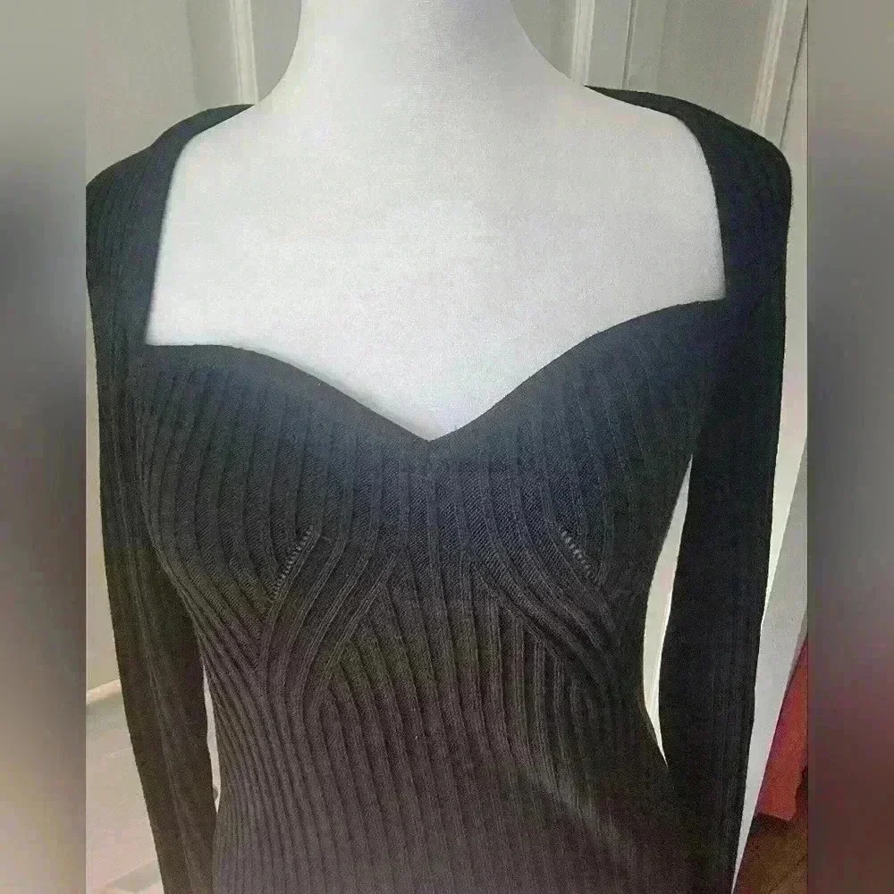 Asos Design Black Sweatheart Shirt Sz 8 Ribbed Knit - Picture 2 of 6